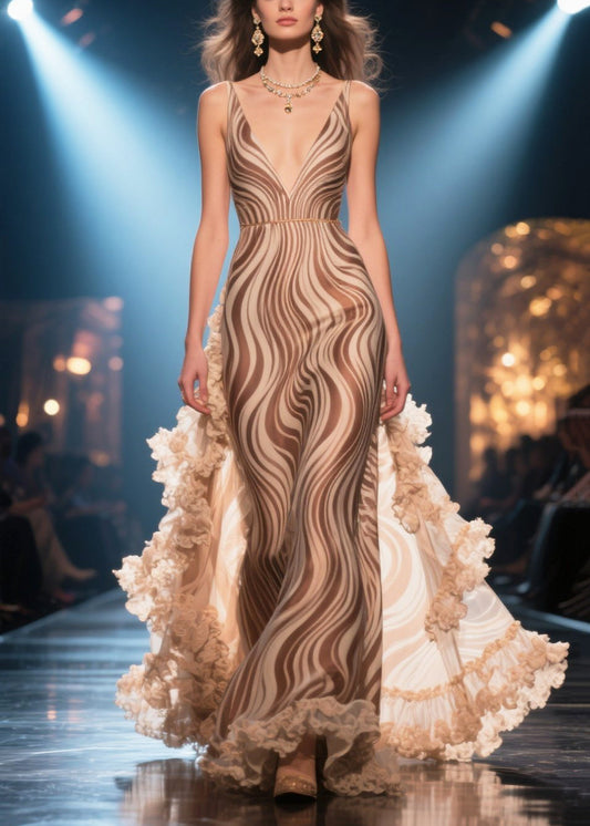 Fitted Khaki Ruffled Striped Chiffon Long Dress Summer