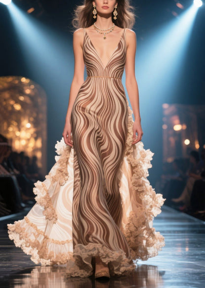 Fitted Khaki Ruffled Striped Chiffon Long Dress Summer
