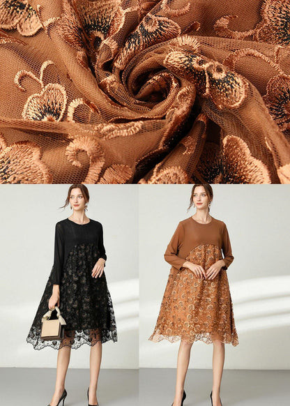 Fitted Khaki Tulle Jacquard Hollow Out Fall Long Sleeve Maxi Dress - SooLinen