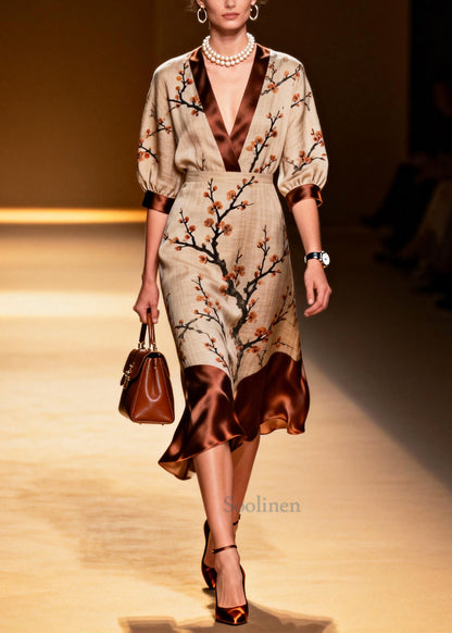 Fitted Khaki V Neck Patchwork Print Linen Dresses Summer