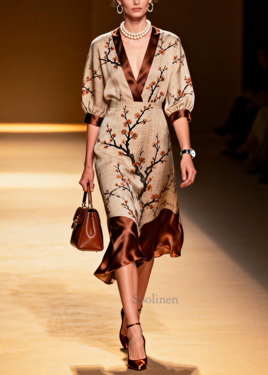 Fitted Khaki V Neck Patchwork Print Linen Dresses Summer
