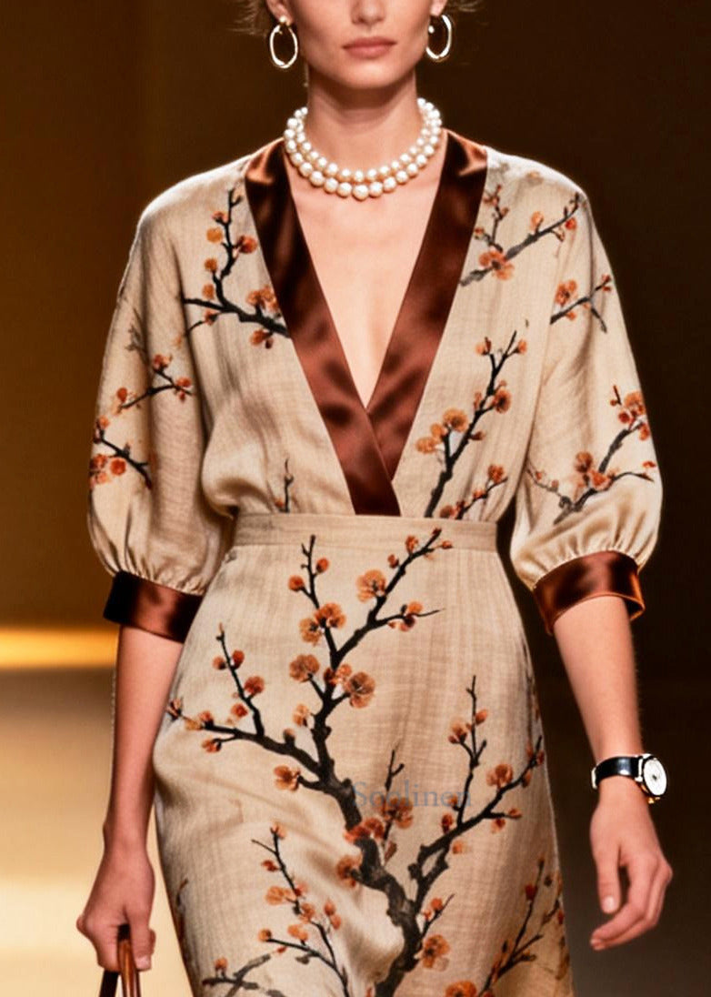 Fitted Khaki V Neck Patchwork Print Linen Dresses Summer