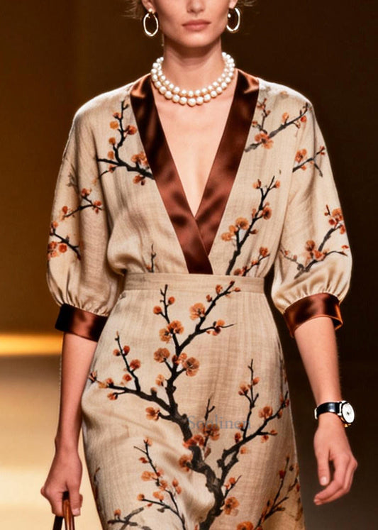 Fitted Khaki V Neck Patchwork Print Linen Dresses Summer