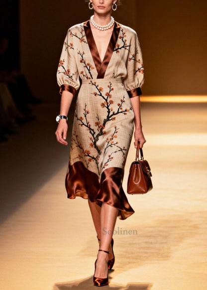 Fitted Khaki V Neck Patchwork Print Linen Dresses Summer