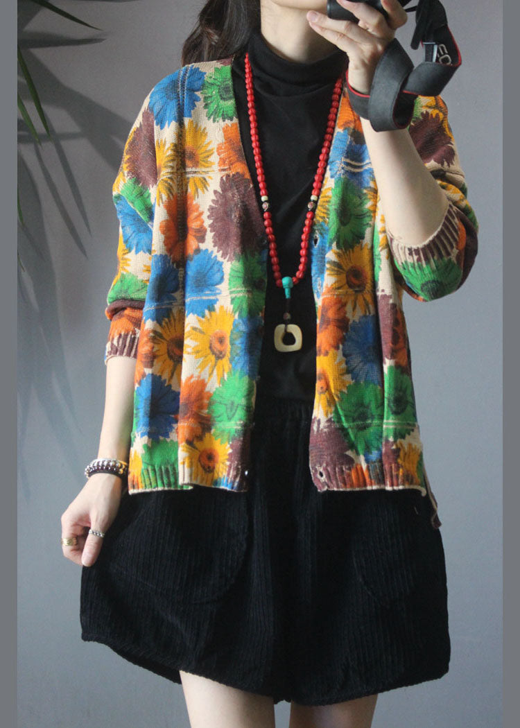 Taillierter Khaki-Strickpullovermantel mit V-Ausschnitt und Druckknopf