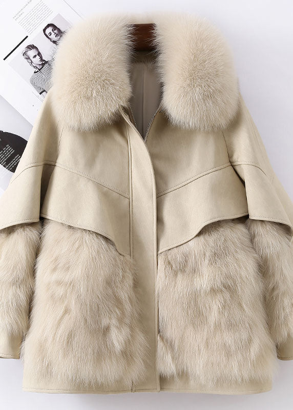 Taillierte Khaki Zip Up Fuchspelz Patchwork Leder Puffer Jacke Winter
