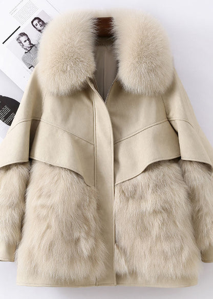 Taillierte Khaki Zip Up Fuchspelz Patchwork Leder Puffer Jacke Winter