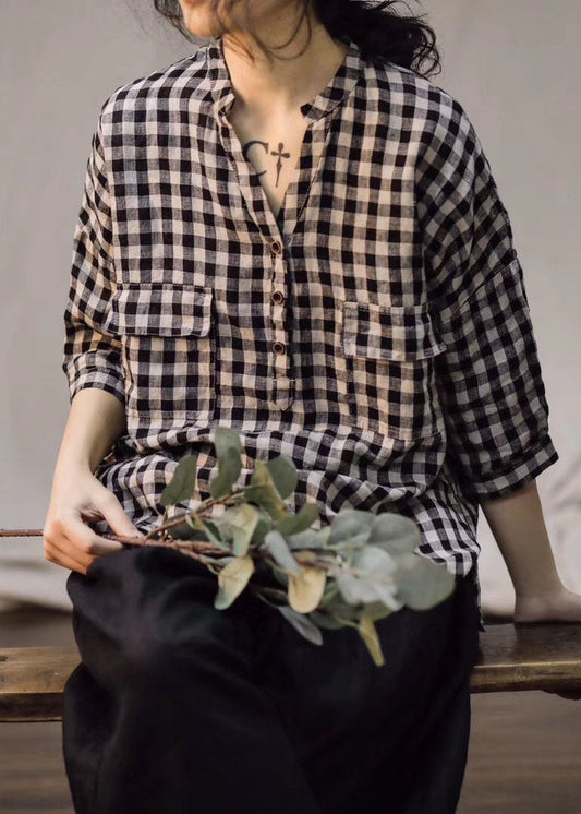 Tailliertes großes Gitter V-Ausschnitt Knopf lose Leinenhemd Frühling