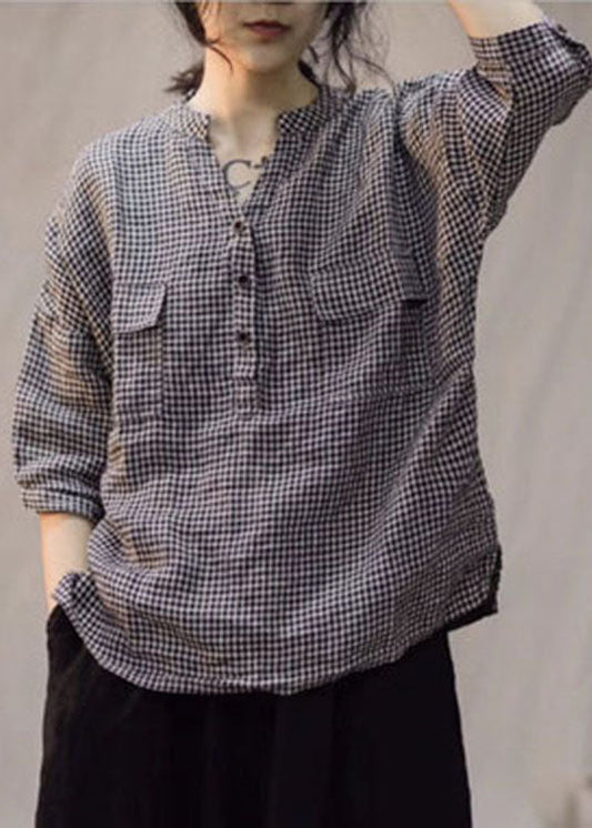 Tailliertes großes Gitter V-Ausschnitt Knopf lose Leinenhemd Frühling