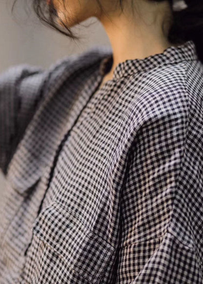 Tailliertes großes Gitter V-Ausschnitt Knopf lose Leinenhemd Frühling