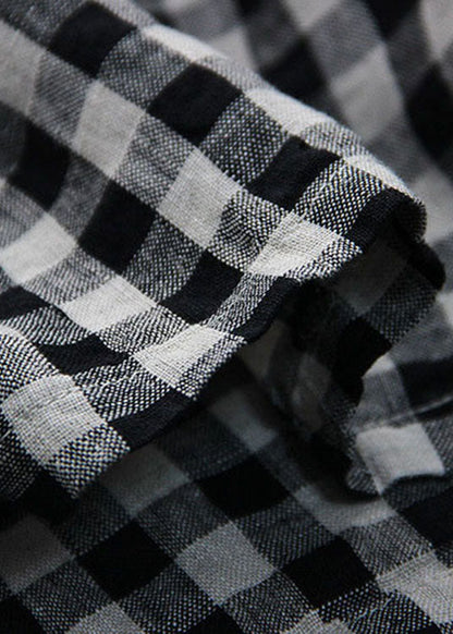 Tailliertes großes Gitter V-Ausschnitt Knopf lose Leinenhemd Frühling