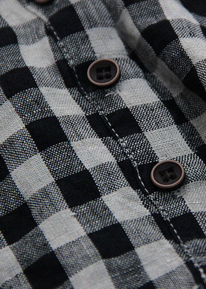 Tailliertes großes Gitter V-Ausschnitt Knopf lose Leinenhemd Frühling