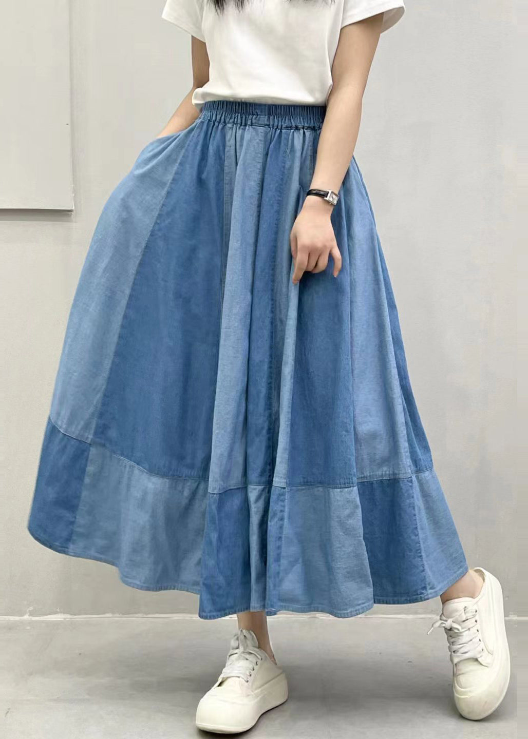 Fitted Light Blue Oversized Patchwork Denim Wide Leg Pants Summer
