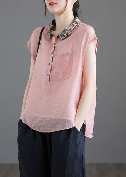 Blusa de lino ajustada con cuello Peter Pan azul claro y bolsillos de patchwork para verano