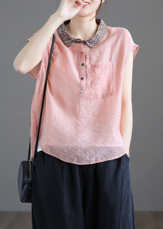 Blusa de lino ajustada con cuello Peter Pan azul claro y bolsillos de patchwork para verano