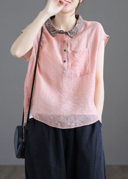 Blusa de lino ajustada con cuello Peter Pan azul claro y bolsillos de patchwork para verano