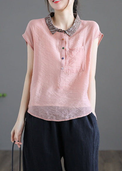 Blusa de lino ajustada con cuello Peter Pan azul claro y bolsillos de patchwork para verano