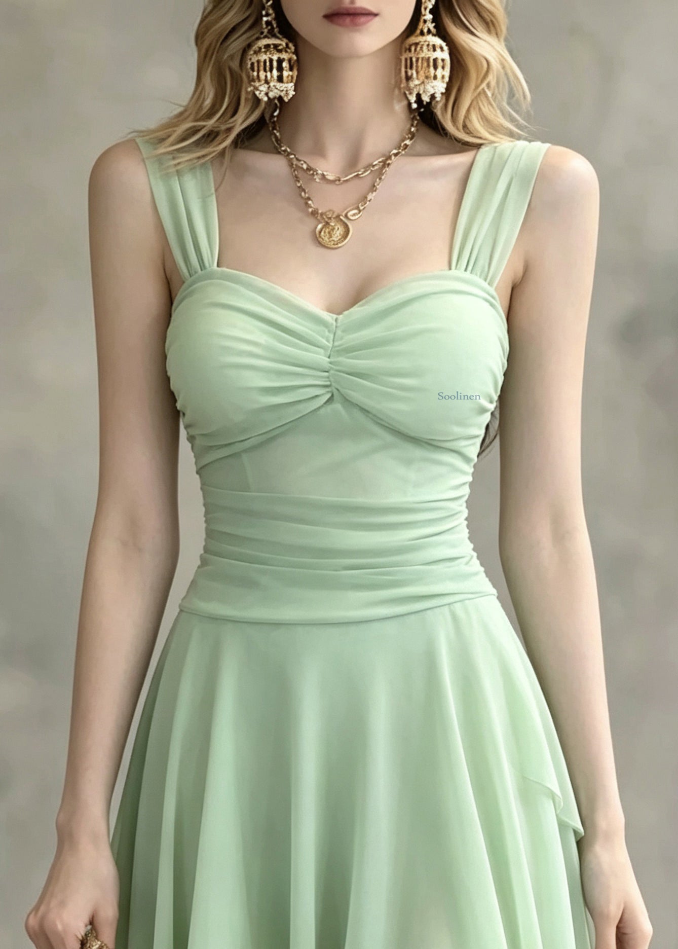 Fitted Light Green Bustier Top Patchwork Tulle Vacation Mid Dress Summer