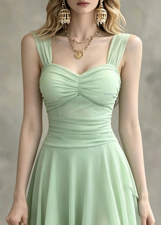 Fitted Light Green Bustier Top Patchwork Tulle Vacation Mid Dress Summer