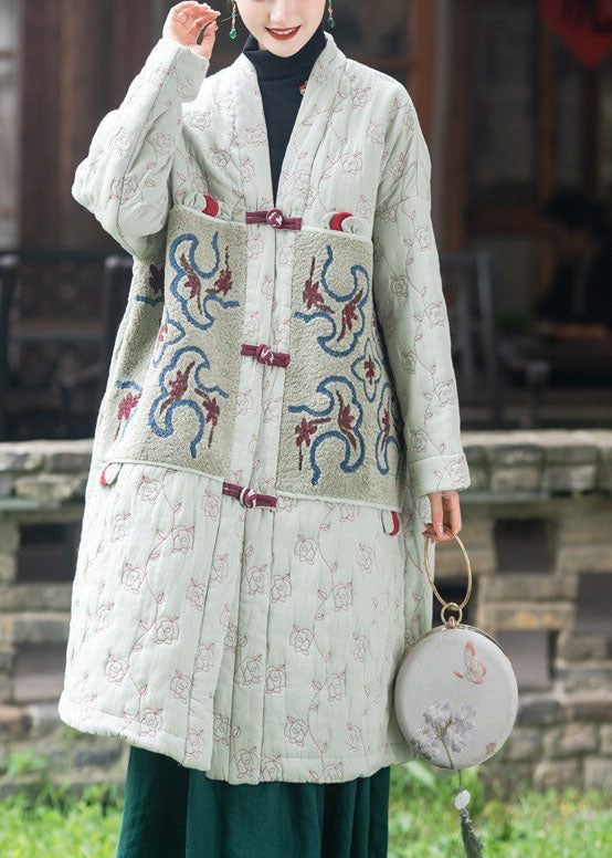 Taillierte hellgrüne bestickte Patchwork-Pufferjacken mit feiner Baumwollfüllung für den Winter