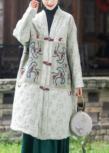 Taillierte hellgrüne bestickte Patchwork-Pufferjacken mit feiner Baumwollfüllung für den Winter