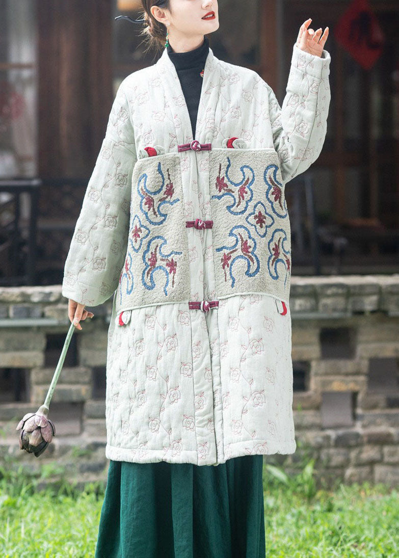 Taillierte hellgrüne bestickte Patchwork-Pufferjacken mit feiner Baumwollfüllung für den Winter