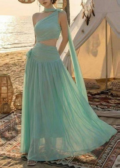 Fitted Light Green One Shoulder Chiffon Long Dress Sleeveless