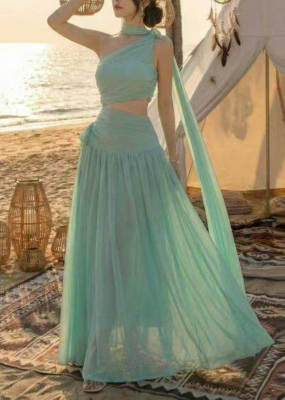 Fitted Light Green One Shoulder Chiffon Long Dress Sleeveless