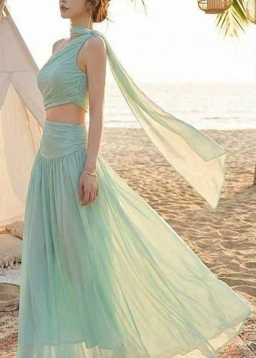 Fitted Light Green One Shoulder Chiffon Long Dress Sleeveless
