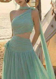 Fitted Light Green One Shoulder Chiffon Long Dress Sleeveless