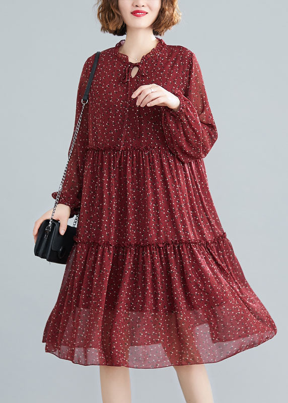 Tailliertes Mulberry Rüschen Patchwork Chiffon Midikleid Frühling