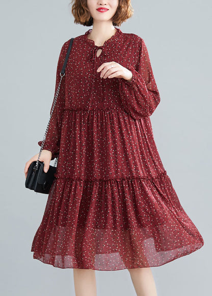 Tailliertes Mulberry Rüschen Patchwork Chiffon Midikleid Frühling