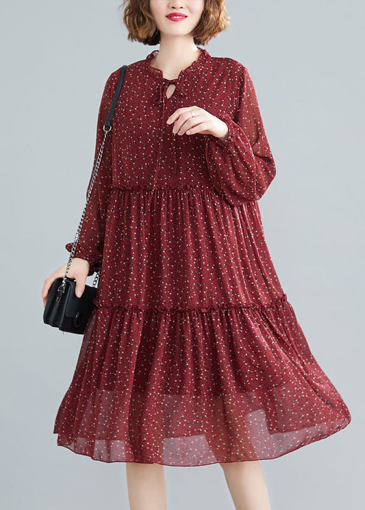 Tailliertes Mulberry Rüschen Patchwork Chiffon Midikleid Frühling