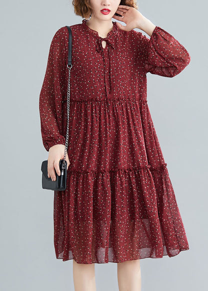 Tailliertes Mulberry Rüschen Patchwork Chiffon Midikleid Frühling