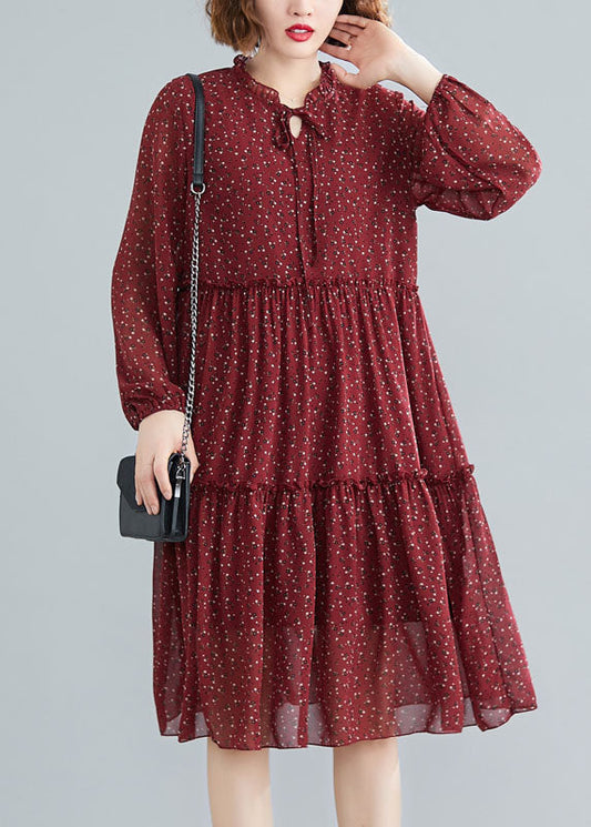 Tailliertes Mulberry Rüschen Patchwork Chiffon Midikleid Frühling