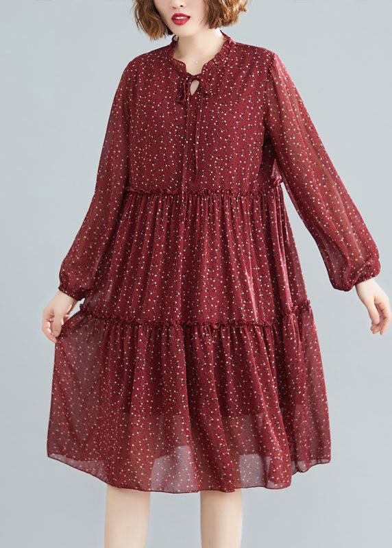 Tailliertes Mulberry Rüschen Patchwork Chiffon Midikleid Frühling