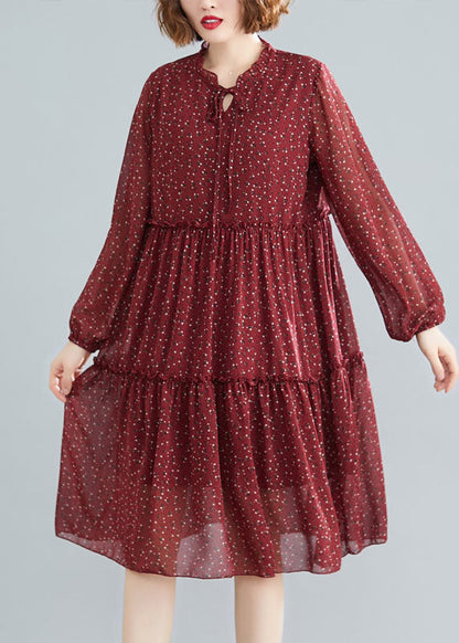 Tailliertes Mulberry Rüschen Patchwork Chiffon Midikleid Frühling