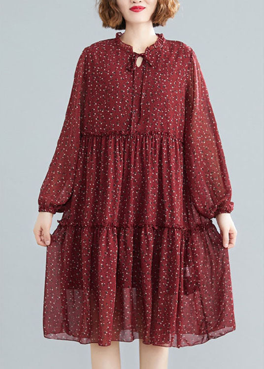 Tailliertes Mulberry Rüschen Patchwork Chiffon Midikleid Frühling