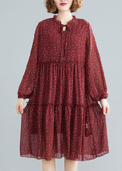 Tailliertes Mulberry Rüschen Patchwork Chiffon Midikleid Frühling