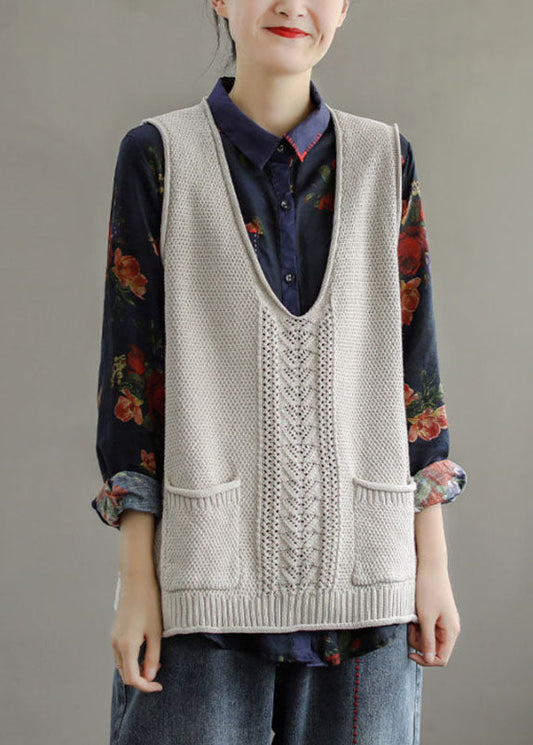 Taillierte Mulberry-Weste mit V-Ausschnitt, ausgehöhlten Taschen, ärmellos, Herbststrick