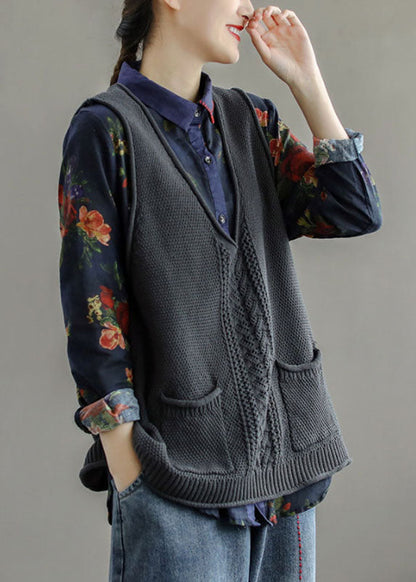 Taillierte Mulberry-Weste mit V-Ausschnitt, ausgehöhlten Taschen, ärmellos, Herbststrick