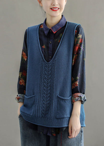 Taillierte Mulberry-Weste mit V-Ausschnitt, ausgehöhlten Taschen, ärmellos, Herbststrick