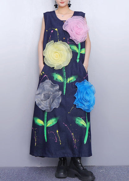 Fitted Navy Painting Multicolored Floral Denim A Line Dress Sleeveless