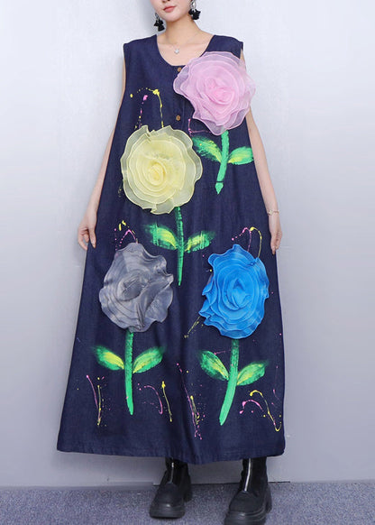 Fitted Navy Painting Multicolored Floral Denim A Line Dress Sleeveless