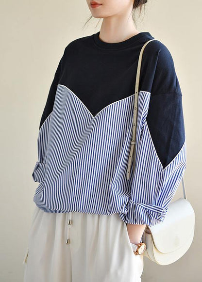 Fitted Navy Patchwork Striped Long sleeve Spring Blouses - SooLinen