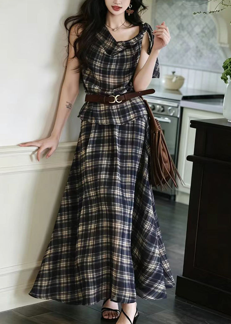 Fitted Navy Plaid One Shoulder Lace Up Women Sets 2 Pieces Summer