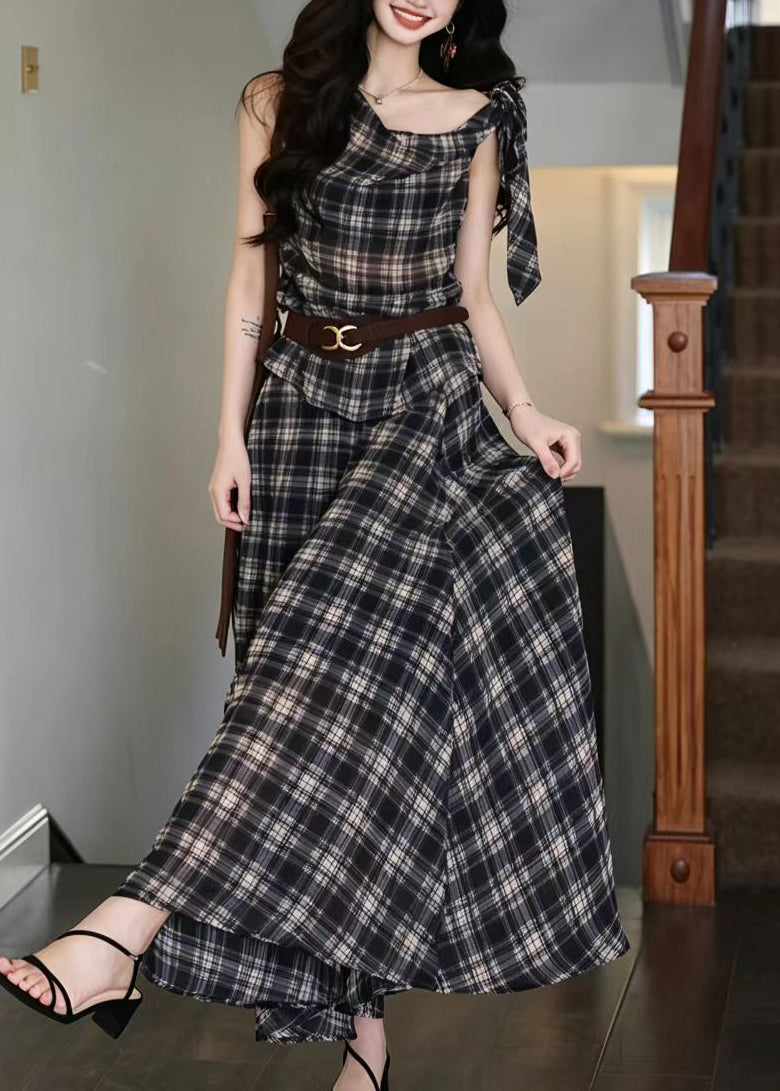 Fitted Navy Plaid One Shoulder Lace Up Women Sets 2 Pieces Summer