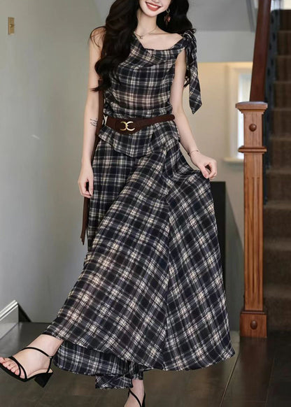 Fitted Navy Plaid One Shoulder Lace Up Women Sets 2 Pieces Summer