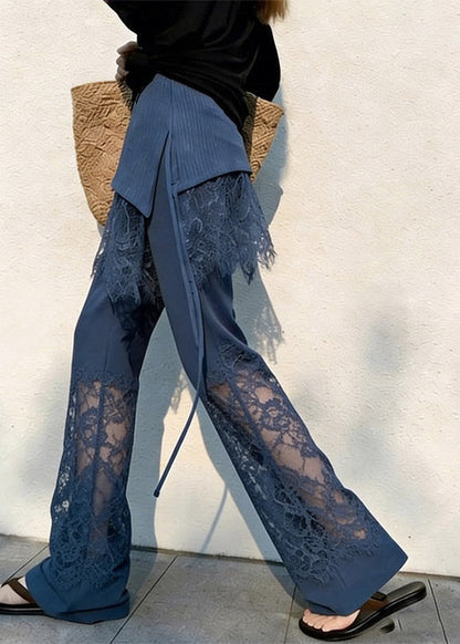 Fitted Navy Straight Pants Lace Patchwork Summer