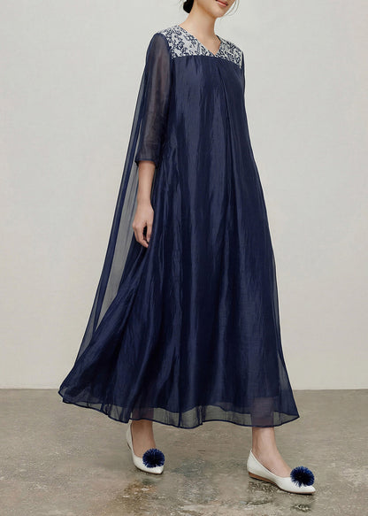Fitted Navy V Neck Print Patchwork Long Dresses Bracelet Sleeve